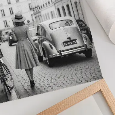 Art print retro woman in the city with a classic car