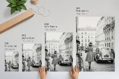 Art print Retro charm woman in the city classic car
