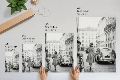 Art print retro woman in the city with a classic car