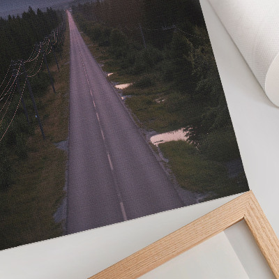 Poster A straight road through the forest in a pastel sunset