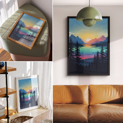 Art print Colorful mountains with sunset and lake