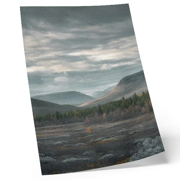 Premium wall art featuring cloudy mountains, green trees, and a peaceful valley