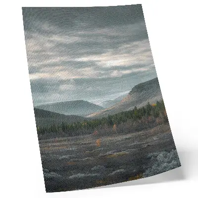 Premium wall art featuring cloudy mountains, green trees, and a peaceful valley