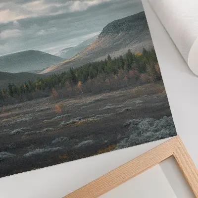 Premium wall art featuring cloudy mountains, green trees, and a peaceful valley