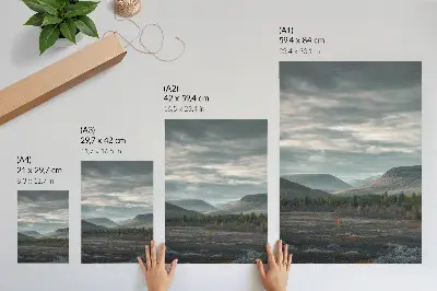 Premium wall art featuring cloudy mountains, green trees, and a peaceful valley