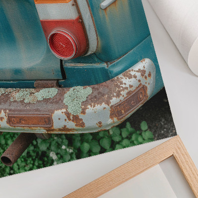 Decorative poster Car covered in moss, rust, turquoise color
