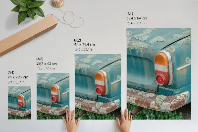 Decorative poster car covered in moss with rust and turquoise accents