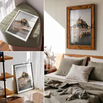 Poster featuring a peaceful castle on a hill with sheep and sand