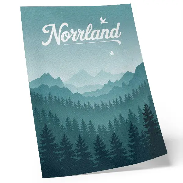 Decorative poster featuring a landscape of blue mountains and green trees in nature