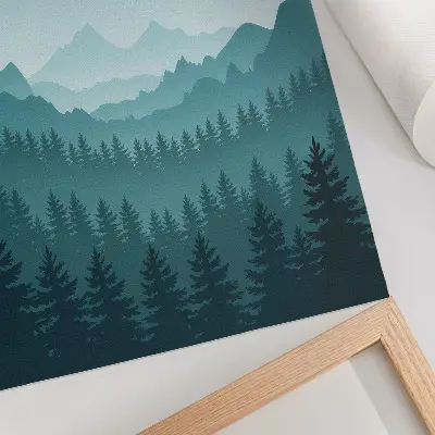 Decorative poster featuring a landscape of blue mountains and green trees in nature