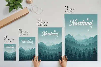 Decorative poster featuring a landscape of blue mountains and green trees in nature