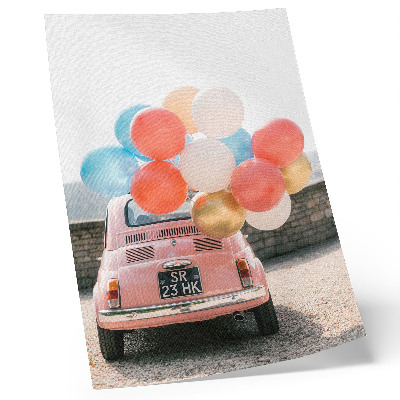 Poster Pink car with balloons in the retro background