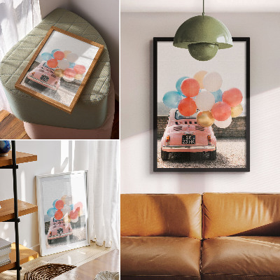 Poster Pink car with balloons in the retro background