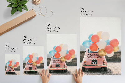 Poster Pink car with balloons in the retro background