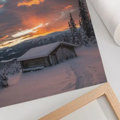 Art print featuring a winter shelter under an orange sky
