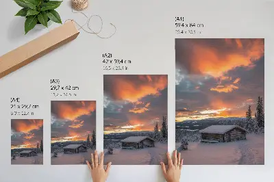 Art print featuring a winter shelter under an orange sky