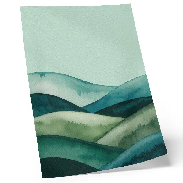 Decorative poster green hills with a turquoise atmospheric watercolor design