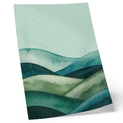 Decorative poster green hills with a turquoise atmospheric watercolor design