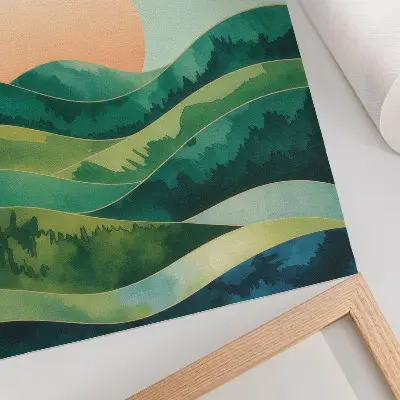 Watercolor sun and pastel hills poster watercolor sun and pastel hills art print