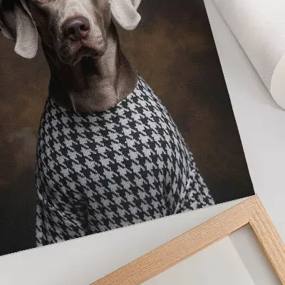 Decorative poster dog in a beret and patterned vest