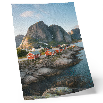 Art print Red houses fjord mountains sunset