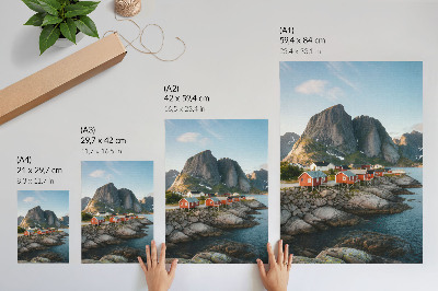 Art print Red houses fjord mountains sunset