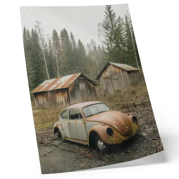 Premium wall art rusty car outside a wooden shed in a green forest