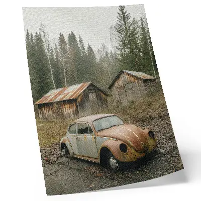 Premium wall art rusty car outside a wooden shed in a green forest