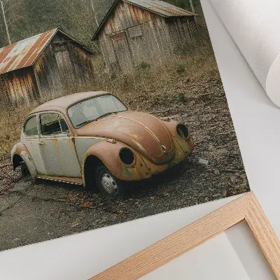 Premium wall art rusty car outside a wooden shed in a green forest