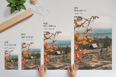 Decorative poster A house on a rock among trees, autumn, peaceful nature
