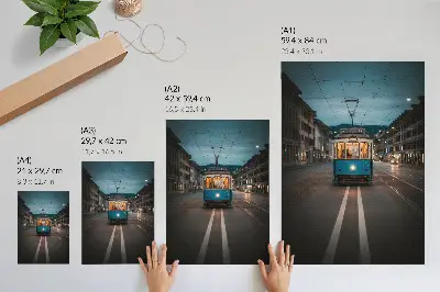 Poster evening city tram lights in a retro aesthetic
