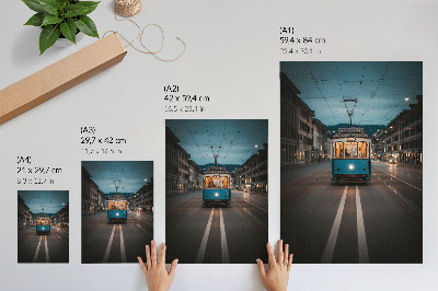 Poster Evening city tram lights retro energy