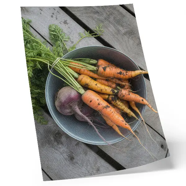 Art print juicy vegetables bowl in a rustic wood style