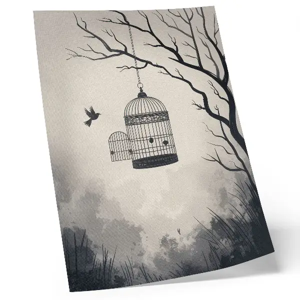 Premium wall art black and white minimalist bird cage tree design