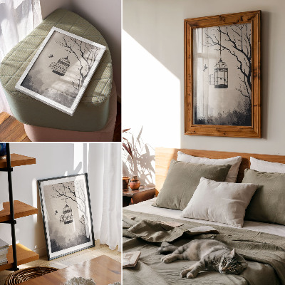 Premium wall art Black and white bird cage tree simplicity