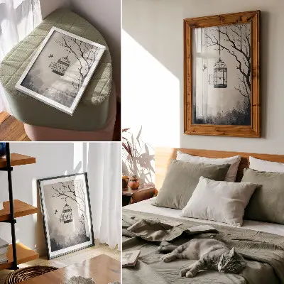 Premium wall art black and white minimalist bird cage tree design