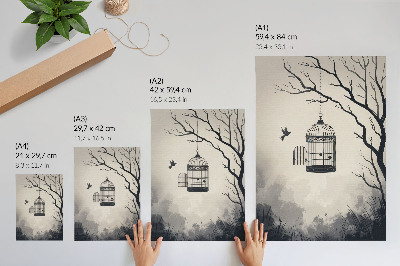 Premium wall art Black and white bird cage tree simplicity