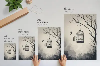 Premium wall art black and white minimalist bird cage tree design