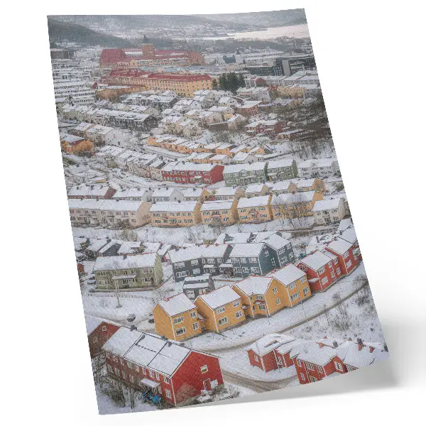 Art print featuring a colorful winter landscape with architectural houses