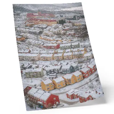 Art print featuring a colorful winter landscape with architectural houses