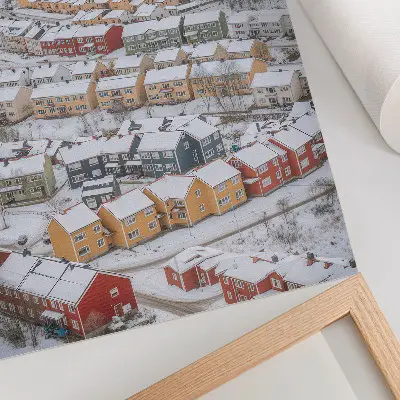 Art print featuring a colorful winter landscape with architectural houses