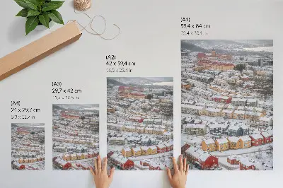 Art print featuring a colorful winter landscape with architectural houses