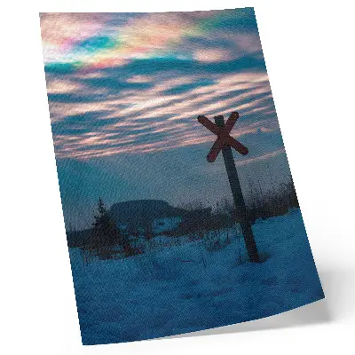 Poster atmospheric winter landscape with colorful clouds and a lonely sign