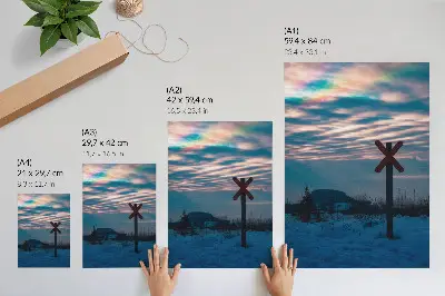 Poster atmospheric winter landscape with colorful clouds and a lonely sign