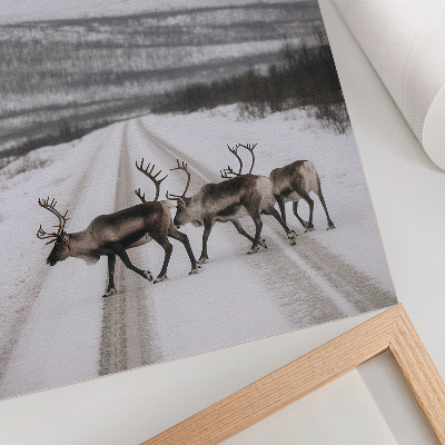 Art print Reindeer on a snowy road among the mountains, winter background