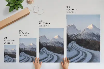 Poster winter landscape featuring a beautiful winding mountain road
