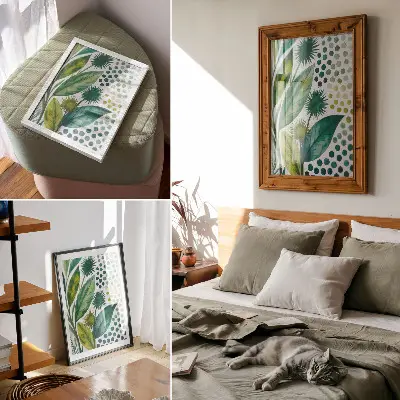 Premium wall art green leaves and dots with a boho nature theme