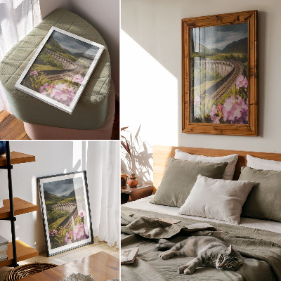 Premium wall art Stone viaduct green hills pastel flowers