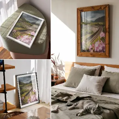 Premium wall art stone viaduct in green hills with pastel flowers