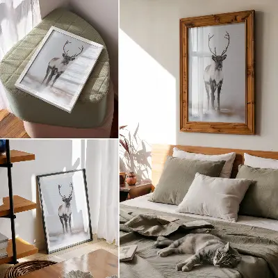 Decorative poster reindeer in a winter scenery with warm shades